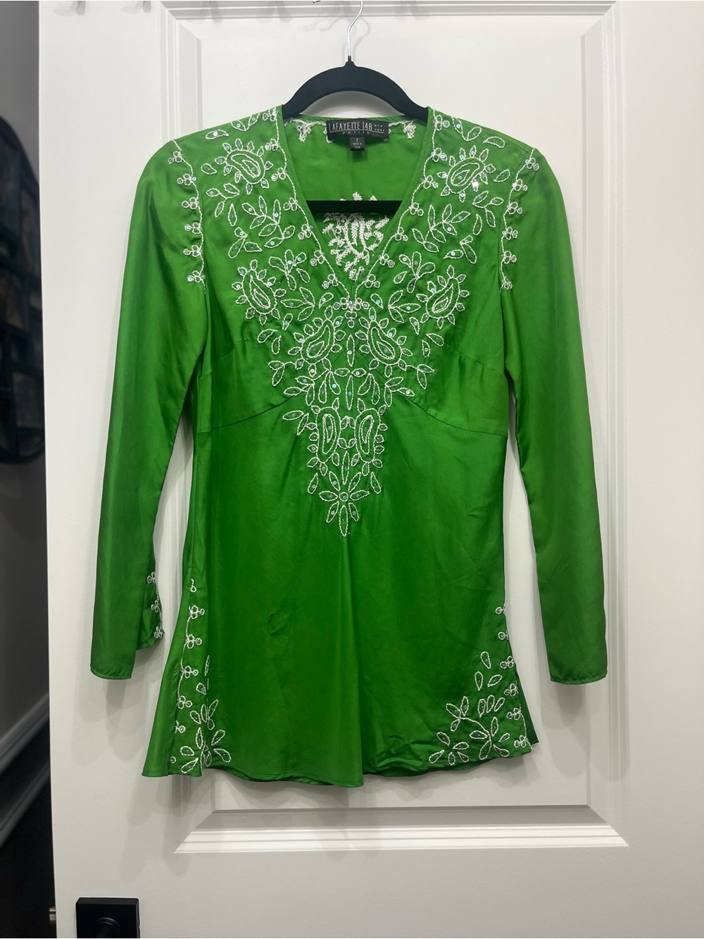 Lafayette 148 Green 100% Silk Embroidered V-Neck Tunic Top Sz 2P